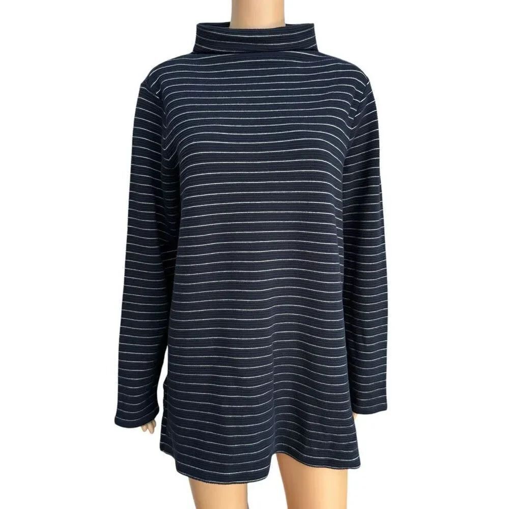 J.Jill Wearever Collection cotton blend top Knit Blue White Mock Neck Striped L